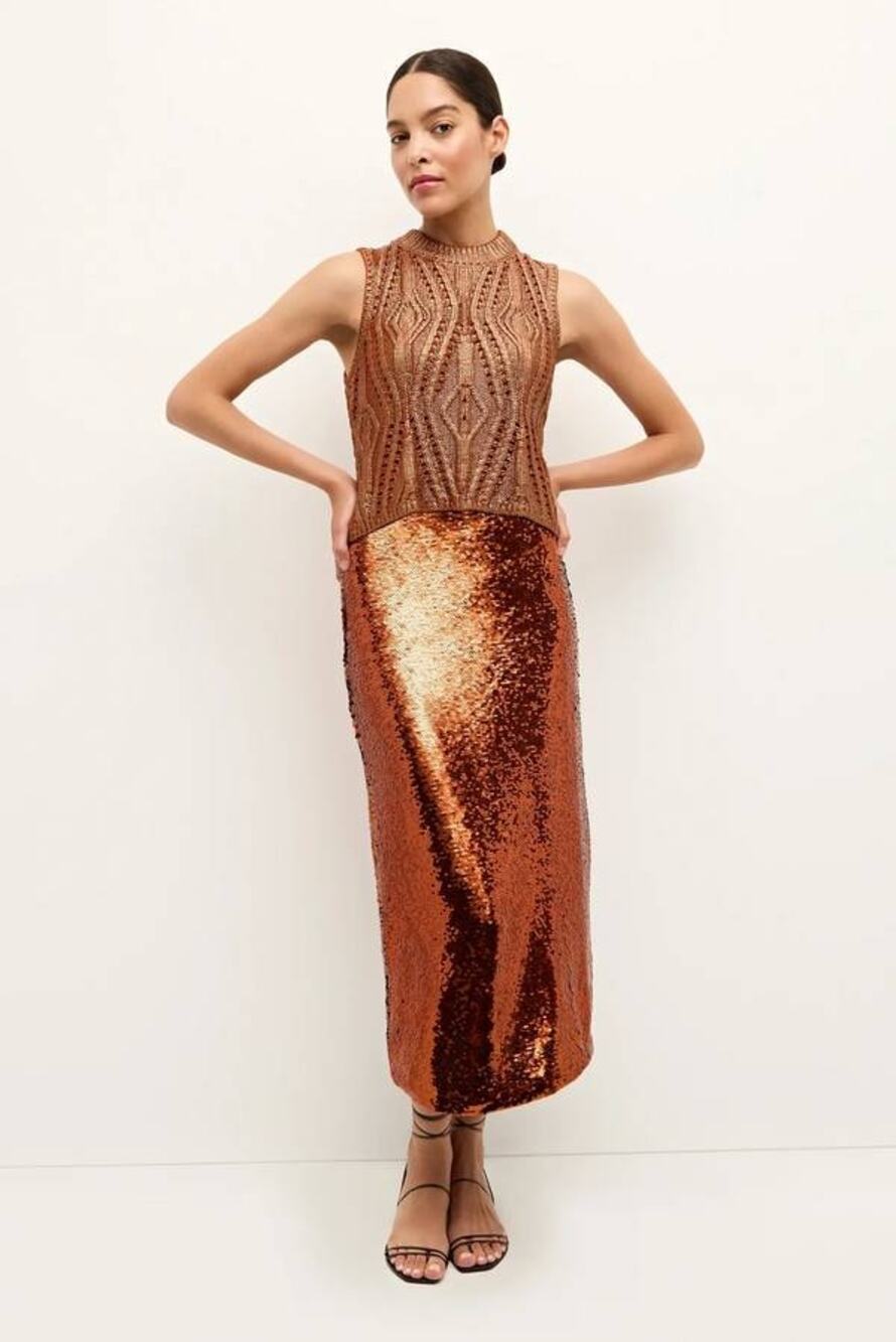 Marie Oliver Wray Sequin Midi Skirt in Cinnamon 2 XS NWT Quiet Luxury Glam Chic
